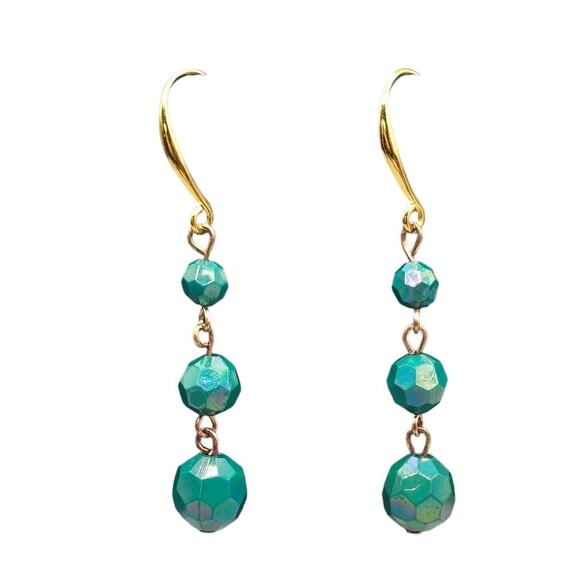 Artisan Jewelry - Green AB Coated Earrings Pierced Acrylic Graduated Beads Dangle Silver Tone